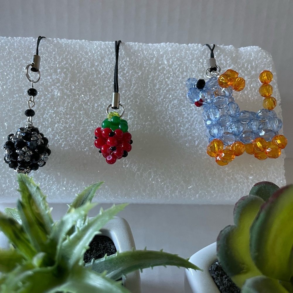 Black and silver tone flower ball, dog, strawberry - 3 pcs